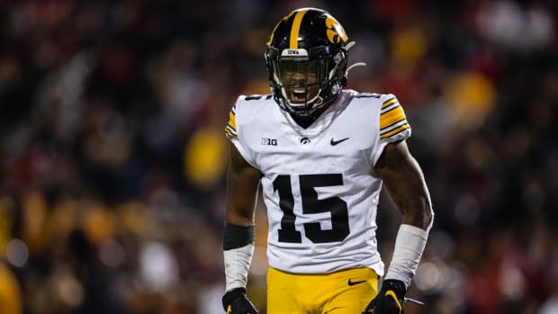 Oct 1, 2021; College Park, Maryland, USA; Iowa Hawkeyes running back Tyler Goodson (15) celebrates after scoring a touchdown against the Maryland Terrapins during the second half at Capital One Field at Maryland Stadium. Mandatory Credit: Scott Taetsch-USA TODAY Sports